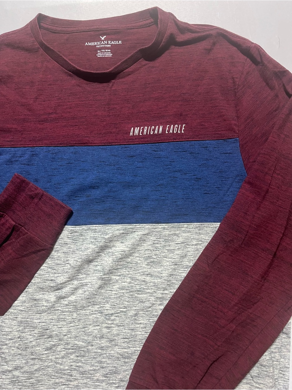American Eagle Men’s XLarge Maroon, Blue & Gray Colorblock Long Sleeve Shirt